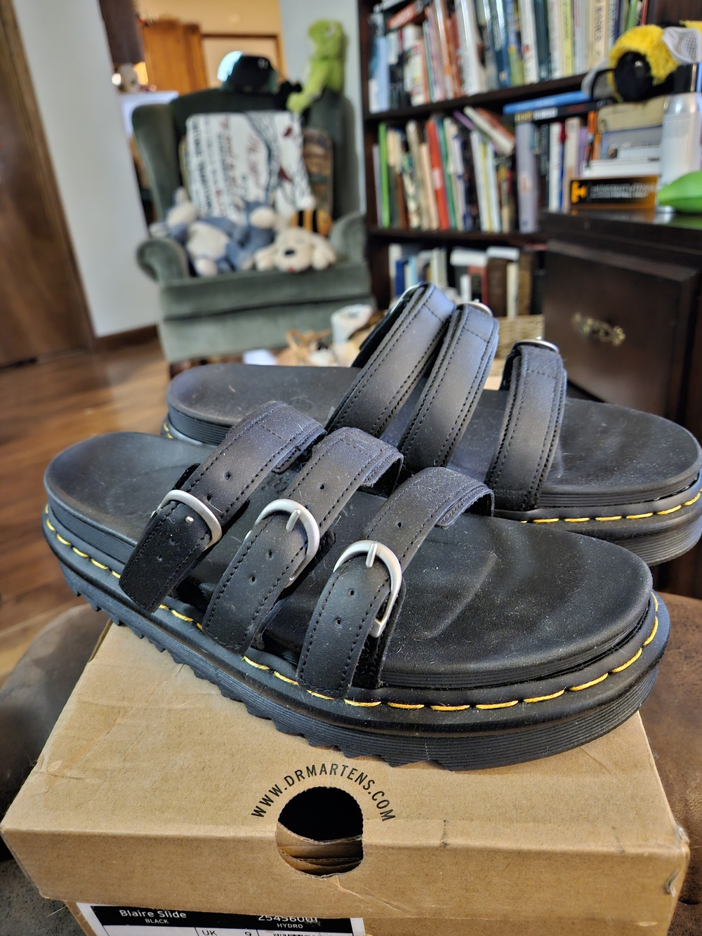 Dr. Martens Black Triple-Strap Slide Sandals with Yellow Stitching